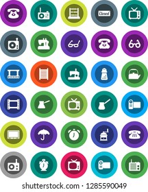 White Solid Icon Set- washboard vector, kettle, hand mill, turk coffee, glasses, alarm clock, abacus, phone, umbrella, film frame, radio, tv, classic, closed, video camera, sewing machine