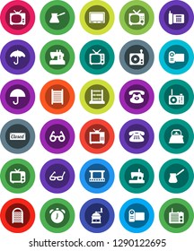 White Solid Icon Set- washboard vector, kettle, hand mill, turk coffee, glasses, alarm clock, abacus, phone, umbrella, film frame, radio, tv, classic, closed, video camera, sewing machine