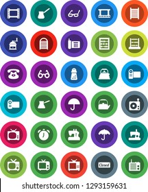 White Solid Icon Set- washboard vector, kettle, hand mill, turk coffee, glasses, alarm clock, abacus, phone, umbrella, film frame, radio, tv, classic, closed, video camera, sewing machine