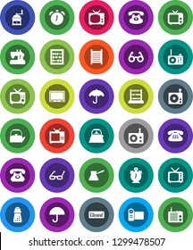 White Solid Icon Set- washboard vector, kettle, hand mill, turk coffee, glasses, alarm clock, abacus, phone, umbrella, radio, tv, classic, closed, video camera, sewing machine