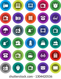 White Solid Icon Set- washboard vector, kettle, hand mill, turk coffee, glasses, alarm clock, abacus, phone, umbrella, film frame, radio, tv, classic, video camera, sewing machine