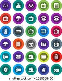 White Solid Icon Set- washboard vector, kettle, hand mill, glasses, alarm clock, abacus, phone, umbrella, film frame, radio, tv, classic, closed, video camera, sewing machine