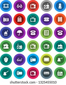 White Solid Icon Set- washboard vector, hand mill, turk coffee, glasses, alarm clock, abacus, phone, umbrella, film frame, radio, tv, classic, closed, video camera, sewing machine