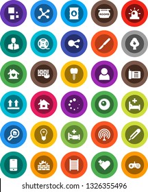 White Solid Icon Set- washboard vector, client, top sign, oil barrel, film spool, antenna, mobile phone, social media, heart cross, thermometer, scalpel, hospital bed, ovule, tooth implant, network