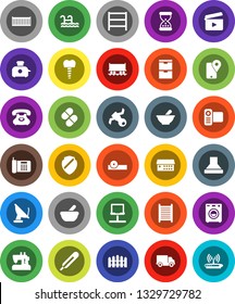 White Solid Icon Set- washboard vector, Railway carriage, satellite, phone, traking, sea container, delivery, shelving, cinema clap, video camera, thermometer, sand clock, pills, mortar, shield