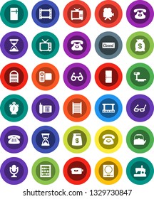 White Solid Icon Set- washboard vector, kettle, glasses, alarm clock, abacus, sand, phone, big scales, film frame, tv, video camera, microphone, classic, fridge, money bag, closed, kitchen