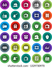 White Solid Icon Set- washboard vector, kettle, turk coffee, glasses, alarm clock, abacus, phone, film frame, radio, tv, classic, closed, video camera, sewing machine