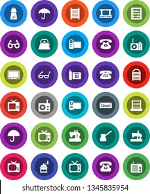 White Solid Icon Set- washboard vector, kettle, hand mill, turk coffee, glasses, abacus, phone, umbrella, film frame, radio, tv, classic, closed, video camera, sewing machine