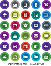 White Solid Icon Set- washboard vector, kettle, hand mill, turk coffee, glasses, alarm clock, abacus, phone, umbrella, film frame, radio, tv, classic, closed, video camera