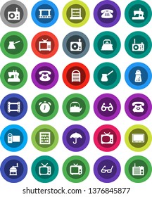 White Solid Icon Set- washboard vector, kettle, hand mill, turk coffee, glasses, alarm clock, abacus, phone, umbrella, film frame, radio, tv, classic, video camera, sewing machine