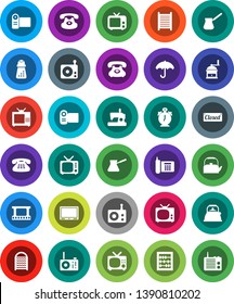 White Solid Icon Set- washboard vector, kettle, hand mill, turk coffee, alarm clock, abacus, phone, umbrella, film frame, radio, tv, classic, closed, video camera, sewing machine