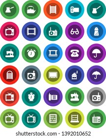 White Solid Icon Set- washboard vector, kettle, hand mill, turk coffee, glasses, alarm clock, abacus, phone, umbrella, film frame, radio, tv, video camera, sewing machine