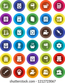 White Solid Icon Set- washer vector, washing powder, mixer, double boiler, blender, tomography, gear, construction crane, card reader, dishwasher, coffee maker, meat grinder, sewing machine