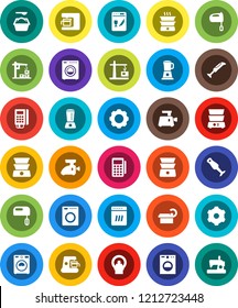 White Solid Icon Set- washer vector, washing powder, mixer, double boiler, blender, tomography, gear, construction crane, card reader, dishwasher, coffee maker, meat grinder, sewing machine
