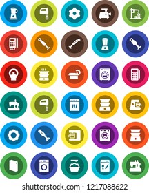 White Solid Icon Set- washer vector, washing powder, mixer, double boiler, blender, tomography, gear, construction crane, card reader, dishwasher, coffee maker, meat grinder, sewing machine