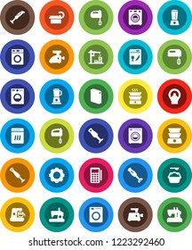 White Solid Icon Set- washer vector, washing powder, mixer, blender, tomography, gear, construction crane, card reader, dishwasher, coffee maker, meat grinder, double boiler, sewing machine