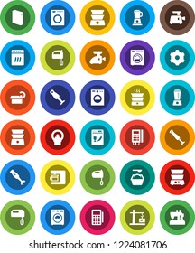 White Solid Icon Set- washer vector, washing powder, mixer, double boiler, blender, tomography, gear, construction crane, card reader, dishwasher, coffee maker, meat grinder, sewing machine