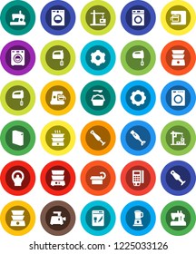 White Solid Icon Set- washer vector, washing powder, mixer, double boiler, blender, tomography, gear, construction crane, card reader, dishwasher, coffee maker, meat grinder, sewing machine