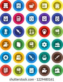 White Solid Icon Set- washer vector, washing powder, mixer, double boiler, blender, tomography, gear, construction crane, card reader, dishwasher, coffee maker, meat grinder, sewing machine