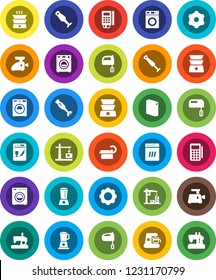 White Solid Icon Set- washer vector, washing powder, mixer, double boiler, blender, tomography, gear, construction crane, card reader, dishwasher, coffee maker, meat grinder, sewing machine