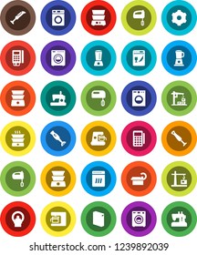 White Solid Icon Set- washer vector, washing powder, mixer, double boiler, blender, tomography, gear, construction crane, card reader, dishwasher, coffee maker, sewing machine