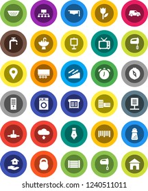 White Solid Icon Set- washer vector, house hold, sink, colander, hand mill, mixer, graduate hat, pen, school building, alarm clock, compass, presentation, hierarchy, weight, stairways run, car, tv