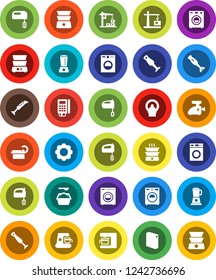 White Solid Icon Set- washer vector, washing powder, mixer, double boiler, blender, tomography, gear, construction crane, card reader, coffee maker, meat grinder