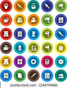 White Solid Icon Set- washer vector, washing powder, mixer, double boiler, blender, tomography, gear, construction crane, card reader, coffee maker, meat grinder, sewing machine