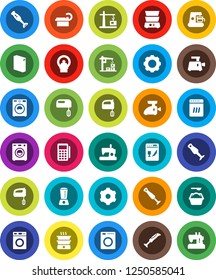 White Solid Icon Set- washer vector, washing powder, mixer, double boiler, blender, tomography, gear, construction crane, card reader, dishwasher, coffee maker, meat grinder, sewing machine