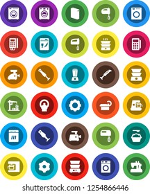 White Solid Icon Set- washer vector, washing powder, mixer, double boiler, blender, tomography, gear, construction crane, card reader, dishwasher, coffee maker, meat grinder, sewing machine