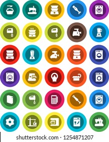White Solid Icon Set- washer vector, washing powder, mixer, double boiler, blender, tomography, gear, construction crane, card reader, dishwasher, coffee maker, meat grinder, sewing machine