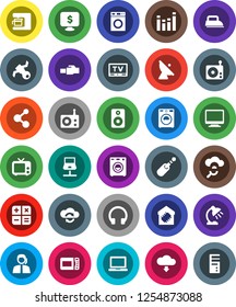 White Solid Icon Set- washer vector, table lamp, notebook pc, monitor dollar, molecule, satellite, support, antenna, radio, tv, equalizer, headphones, speaker, jack, network, cloud glass, exchange