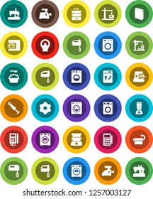 White Solid Icon Set- washer vector, washing powder, mixer, tomography, gear, construction crane, card reader, dishwasher, coffee maker, meat grinder, blender, double boiler, sewing machine