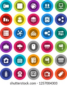 White Solid Icon Set- washer vector, mixer, sorting, tv, remote control, social media, rec button, connection, server, notebook network, big data, equalizer, firewall, hub, lan connector, share, web