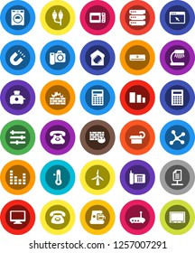 White Solid Icon Set- washer vector, thermometer, table lamp, calculator, magnet, phone, sorting, equalizer, monitor, rca, tomography, network, big data, browser, firewall, router, document, toaster