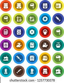 White Solid Icon Set- washer vector, washing powder, mixer, double boiler, blender, tomography, gear, construction crane, card reader, dishwasher, coffee maker, meat grinder, sewing machine