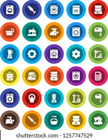 White Solid Icon Set- washer vector, washing powder, mixer, double boiler, blender, tomography, gear, construction crane, card reader, dishwasher, coffee maker, meat grinder, sewing machine