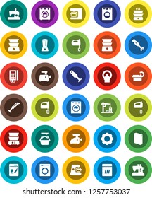 White Solid Icon Set- washer vector, washing powder, mixer, double boiler, blender, tomography, gear, construction crane, card reader, dishwasher, coffee maker, meat grinder, sewing machine