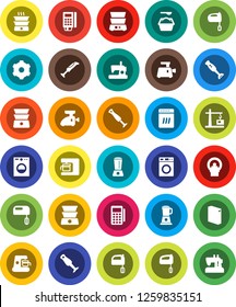 White Solid Icon Set- washer vector, washing powder, mixer, double boiler, blender, tomography, gear, construction crane, card reader, dishwasher, coffee maker, meat grinder, sewing machine