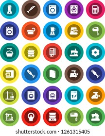 White Solid Icon Set- washer vector, washing powder, mixer, double boiler, blender, tomography, gear, construction crane, card reader, dishwasher, coffee maker, meat grinder, sewing machine