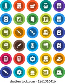 White Solid Icon Set- washer vector, washing powder, mixer, double boiler, blender, tomography, gear, construction crane, card reader, coffee maker, meat grinder, sewing machine