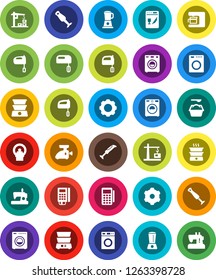 White Solid Icon Set- washer vector, washing powder, mixer, double boiler, blender, tomography, gear, construction crane, card reader, dishwasher, coffee maker, meat grinder, sewing machine