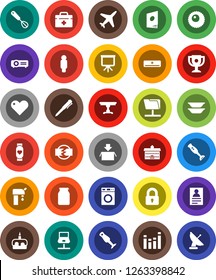 White Solid Icon Set- washer vector, whisk, blender, plates, jar, cake, university, pen, award cup, presentation, personal information, man, heart monitor, plane, equalizer, doctor bag, ovule, lock
