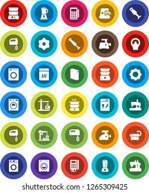 White Solid Icon Set- washer vector, washing powder, mixer, double boiler, blender, tomography, gear, construction crane, card reader, dishwasher, coffee maker, meat grinder, sewing machine