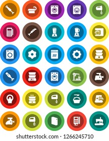 White Solid Icon Set- washer vector, washing powder, mixer, double boiler, blender, tomography, gear, construction crane, card reader, dishwasher, coffee maker, meat grinder, sewing machine