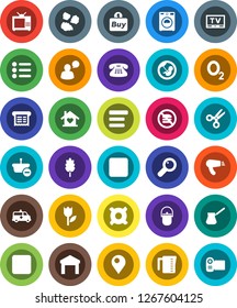 White Solid Icon Set- washer vector, garbage pile, camping cauldron, measuring cup, turk coffee, cereal, scissors, any currency, no fastfood, oxygen, tulip, warehouse, tv, speaking man, pause button