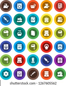 White Solid Icon Set- washer vector, washing powder, mixer, double boiler, blender, tomography, gear, card reader, dishwasher, coffee maker, meat grinder, sewing machine