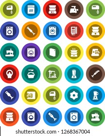 White Solid Icon Set- washer vector, washing powder, mixer, double boiler, blender, tomography, gear, construction crane, card reader, dishwasher, coffee maker, meat grinder, sewing machine