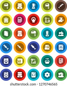 White Solid Icon Set- washer vector, washing powder, mixer, double boiler, blender, tomography, gear, construction crane, card reader, dishwasher, coffee maker, meat grinder, sewing machine
