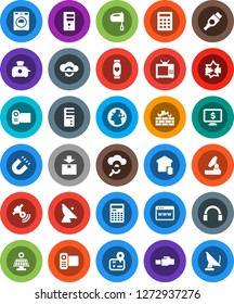 White Solid Icon Set- washer vector, mixer, microscope, calculator, magnet, monitor dollar, heart, navigator, earth, package, satellite antenna, satellitie, video camera, headphones, hdmi, exchange